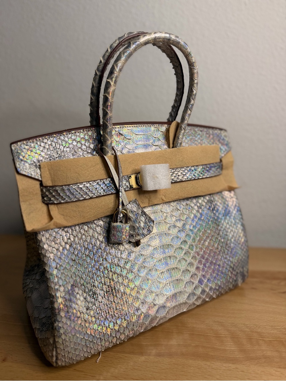 H Birkin 25 metallic silver python PHW iridescent reflective imported leather